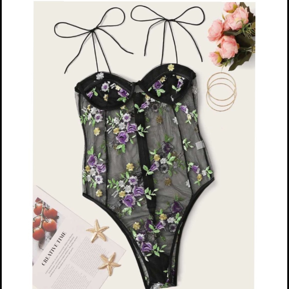 Black embroidered floral bodysuit